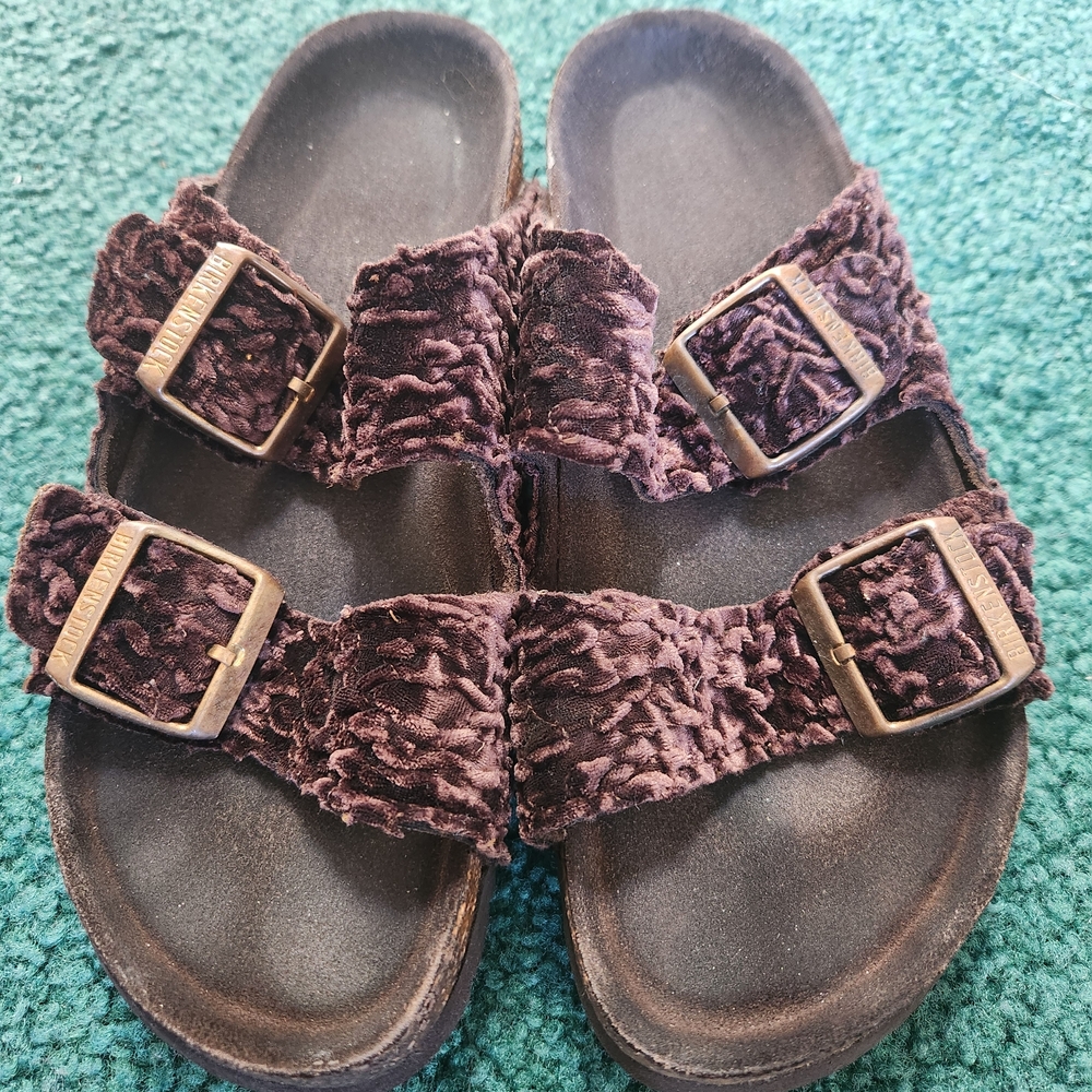 Birkenstock L Brown Velvet Double-Strap Slides with Brushed Buckles